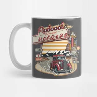 A graphic that captures the vintage vibe of a classic road trip, complete with iconic roadside attractions and retro typography. Mug